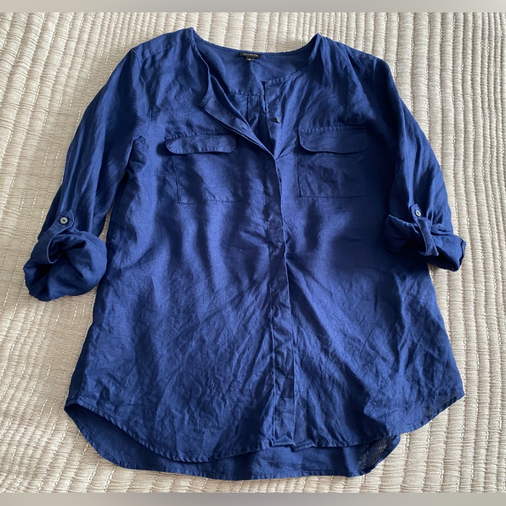 Talbots- 100% linen Button-Front Blouse roll tab sleeves Women's Navy blue L